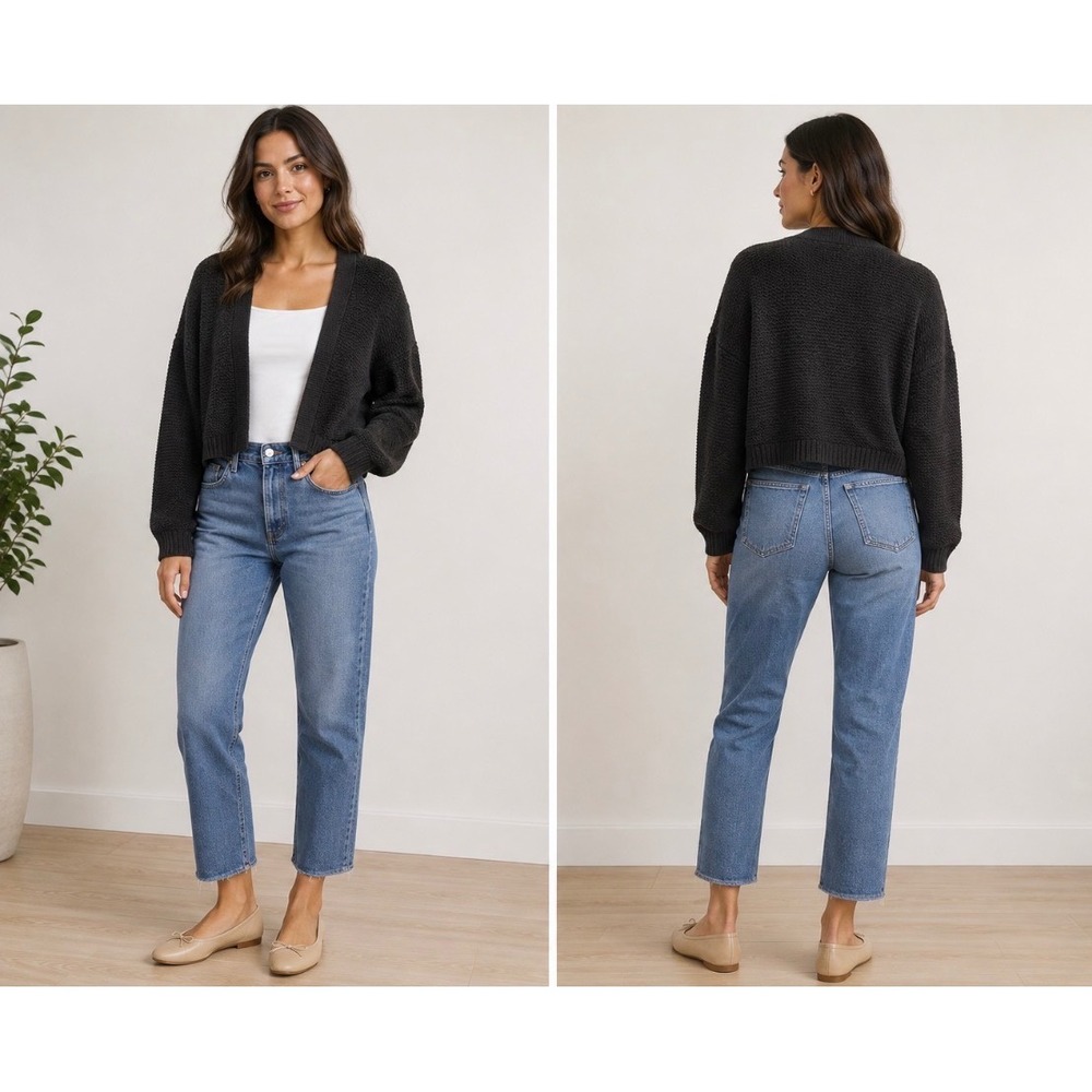 Max Mara Wool Cashmere Blend Open Front Cropped Cardigan Sweater Black Ribbed M